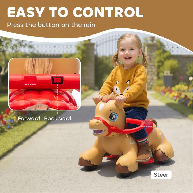 Ride-on horse toy with red reins and forward/backward control button on handle