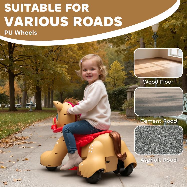 Ride-on horse toy with tan body and red reins, showing large black wheels