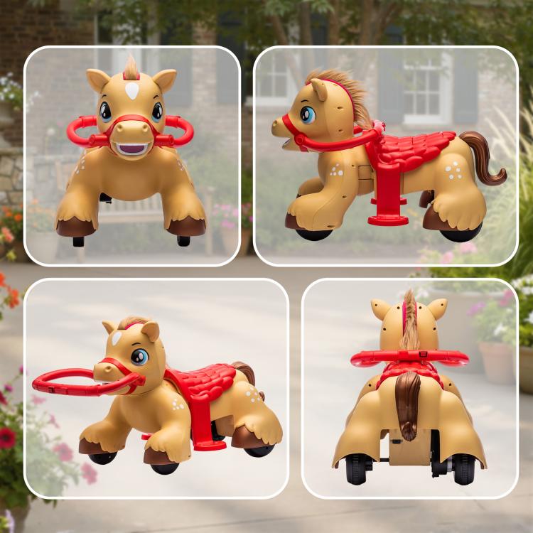 Ride-on horse toy shown in four angles: front, side, and two rear views