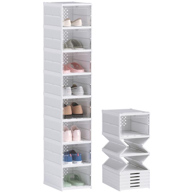 White stackable plastic shoe box tower with clear front doors, holds multiple shoes