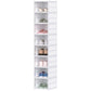 White stackable plastic shoe storage tower with doors open, see compartments and shoes