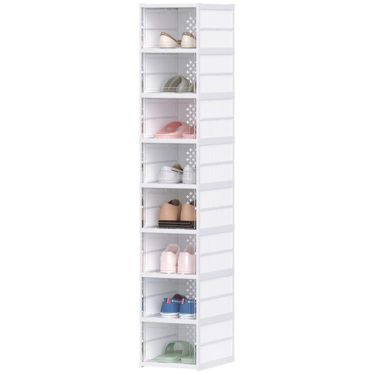 White stackable plastic shoe storage tower with doors open, see compartments and shoes