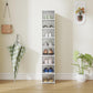 Foldable white plastic shoe storage box with clear door panels and open shelving compartments