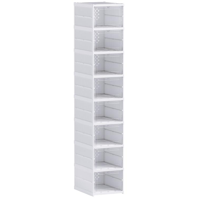 Tall foldable white plastic shoe storage box with clear door panels, empty shelves
