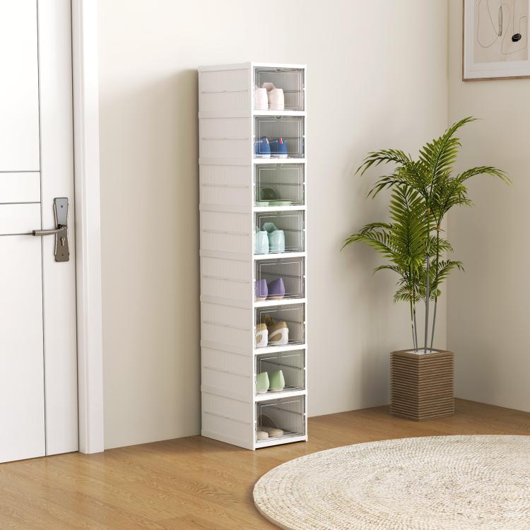 White foldable plastic shoe storage tower with clear front doors in a room