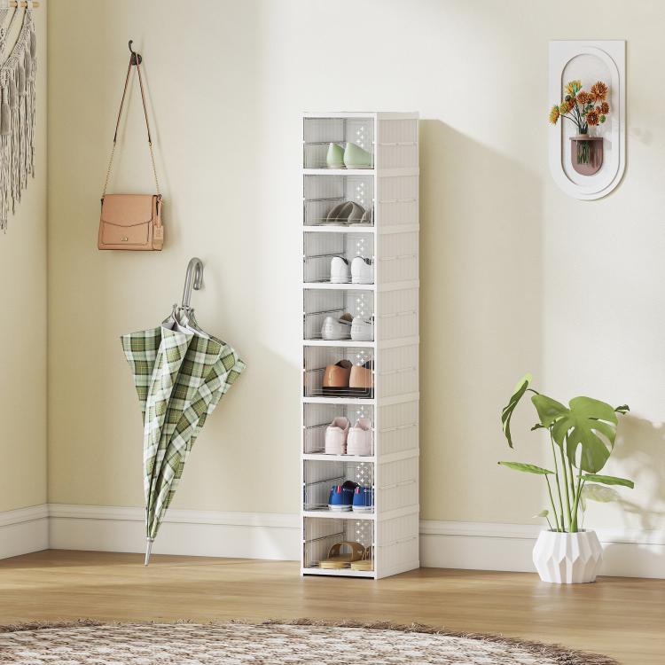 White foldable plastic shoe storage tower with clear front doors, standing near decor
