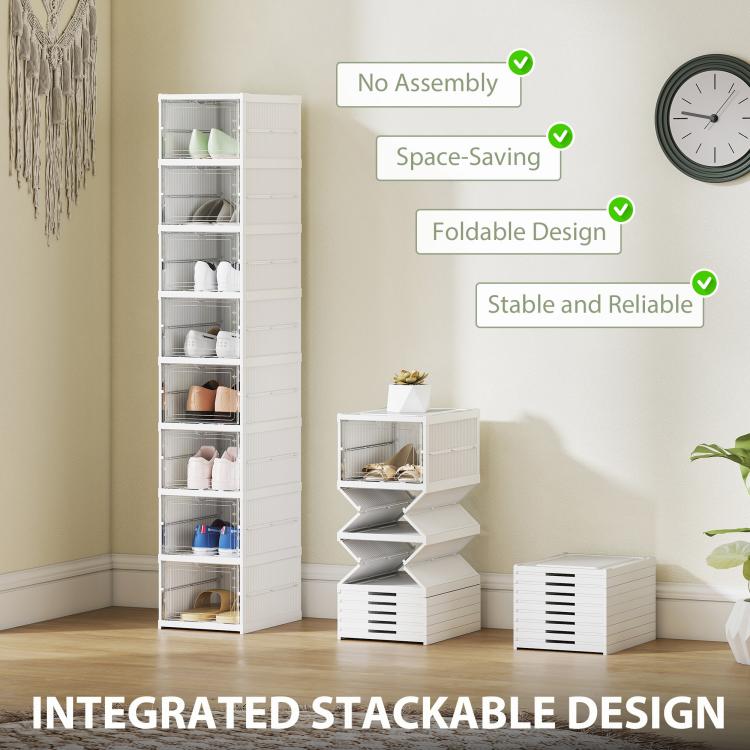 White stackable plastic shoe storage set with open front door and folded base