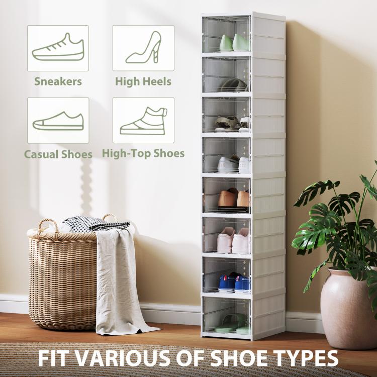 White stackable plastic shoe storage tower with clear doors, compartments with shoes