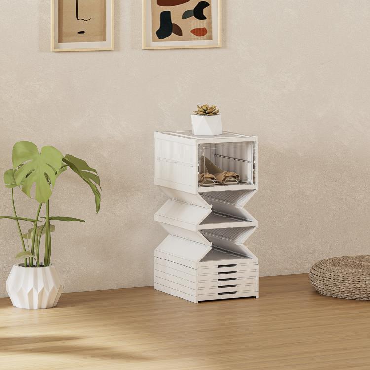 White foldable plastic shoe box stack with clear door, open compartments for shoes
