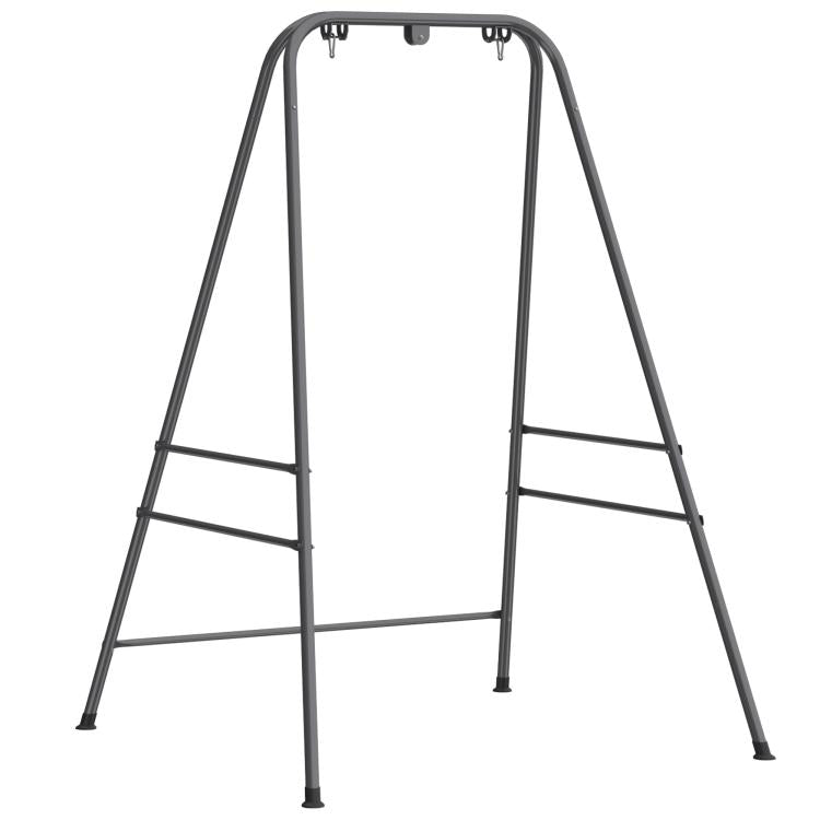 Dark gray A-frame hammock chair stand with hanging hooks and sturdy legs