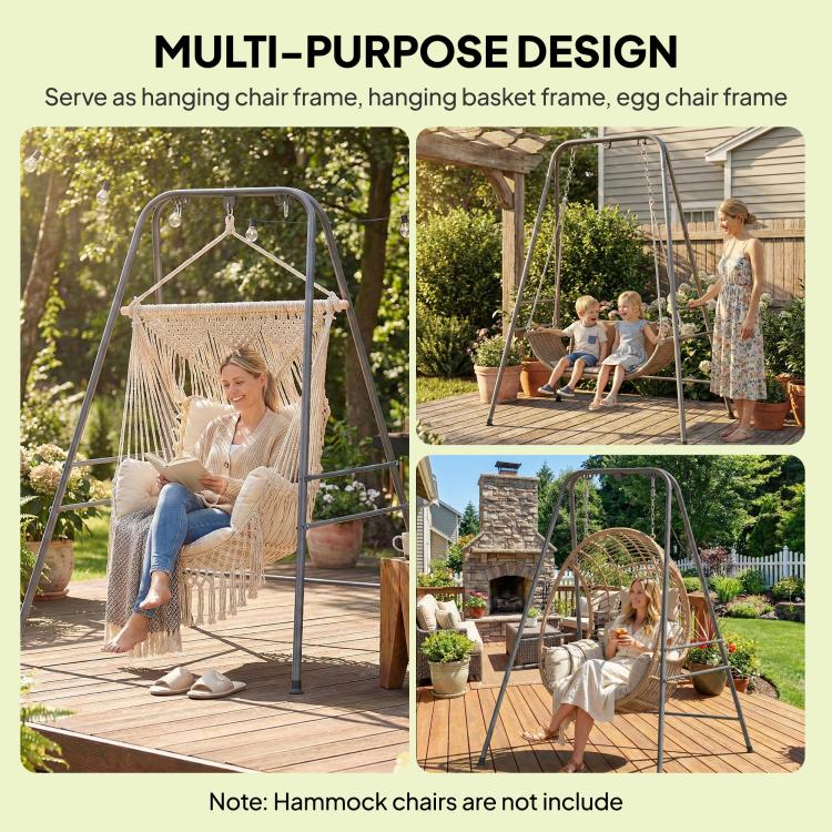 Gray hammock chair stand with top hanging rings and A-frame support