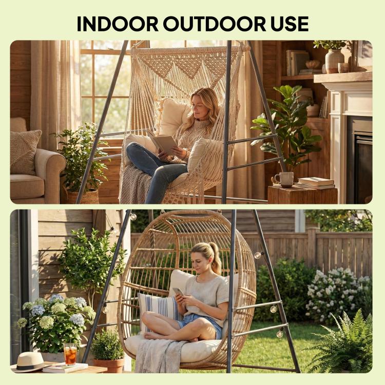 Gray hammock chair stand with hanging hammock chair for indoor and outdoor use