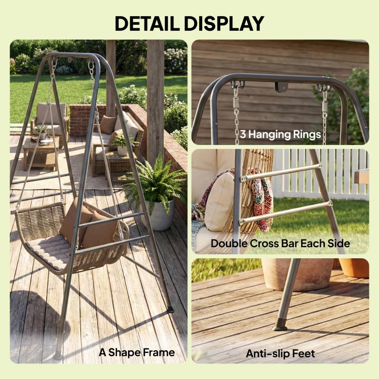 Gray A-frame hammock chair stand detail showing hanging rings and anti-slip feet