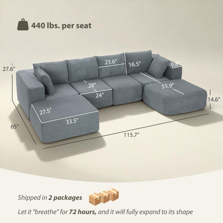 Dark gray U-shaped sectional sofa with two chaise ottomans and sectional backrests