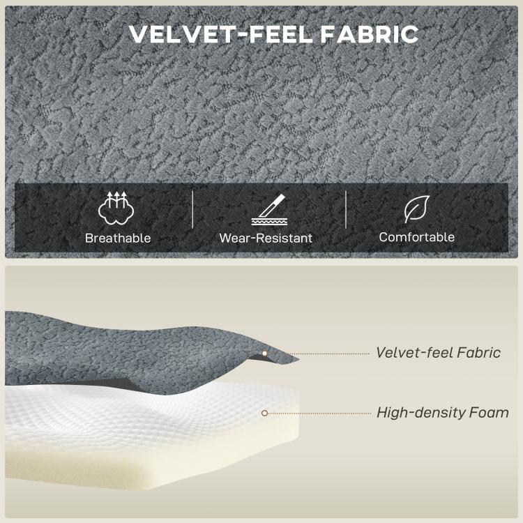 Dark gray velvet-feel fabric upholstery detail on sectional sofa