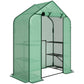 Open portable greenhouse with green PE cover and metal frame, roll-up door, shelves