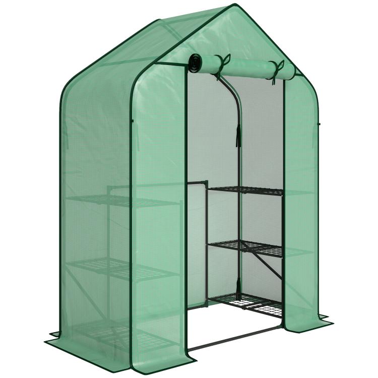 Open portable greenhouse with green PE cover and metal frame, roll-up door, shelves