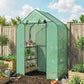 Portable green greenhouse with multiple shelves and open front access
