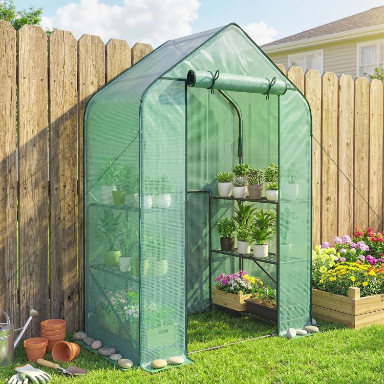 Portable green greenhouse with shelves and transparent PE walls