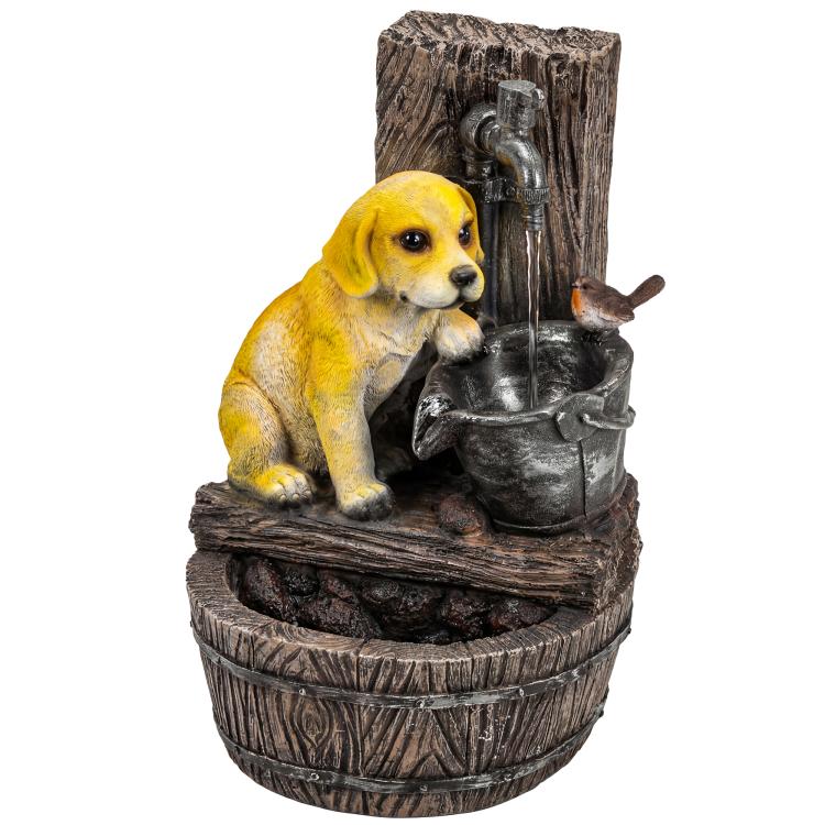 Resin dog fountain with puppy statue on stacked tiers and water spout, rustic brown