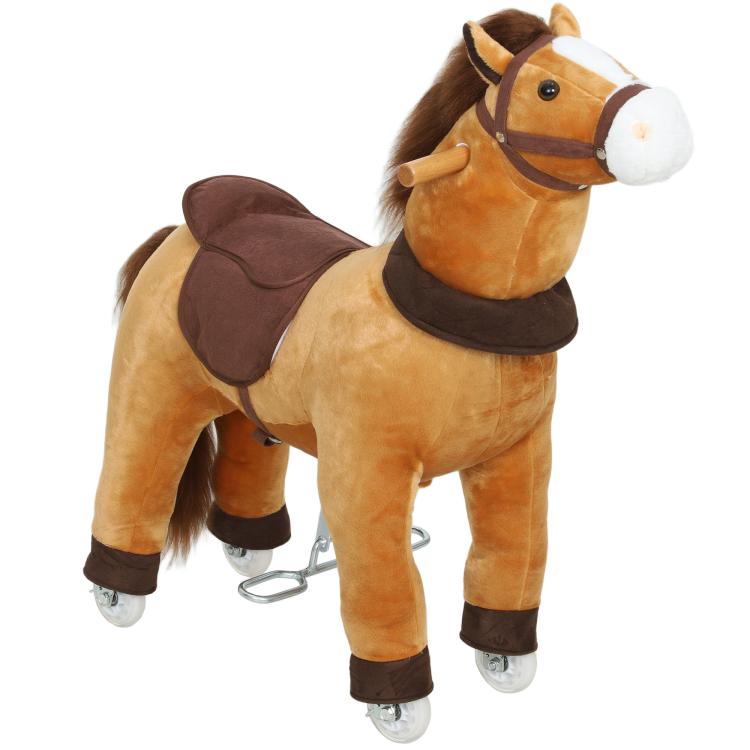Plush ride-on rocking horse, tan and dark brown with padded saddle and front wheels