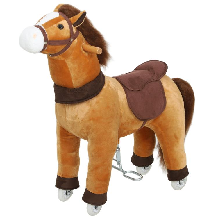 Plush ride-on rocking pony with dark brown seat pad and rolling wheels