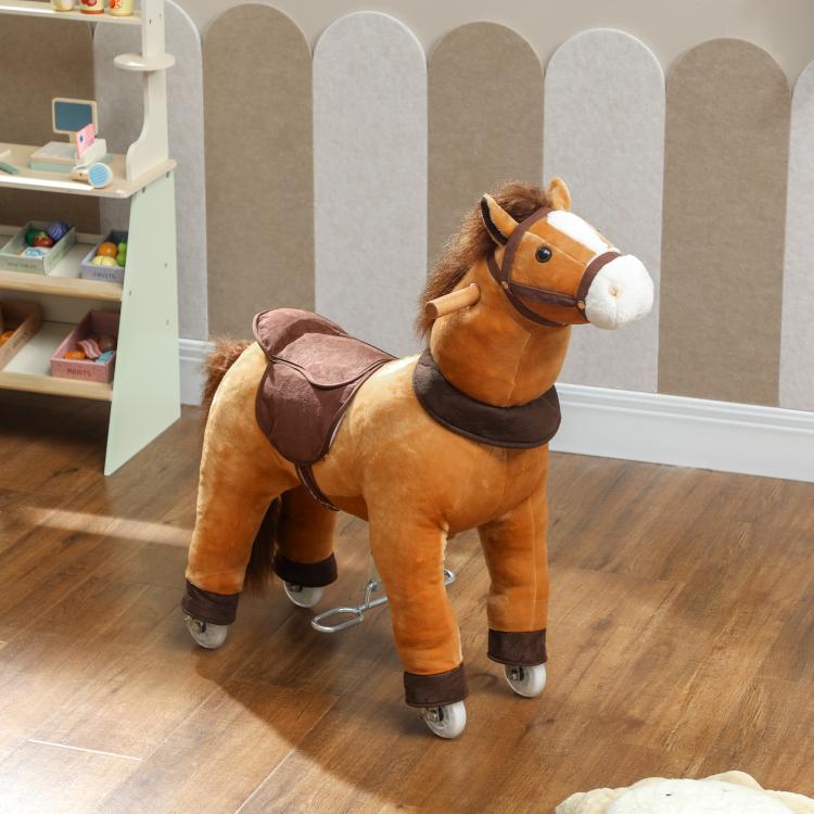 Plush ride-on walking pony toy with wheels, dark brown and tan, front view