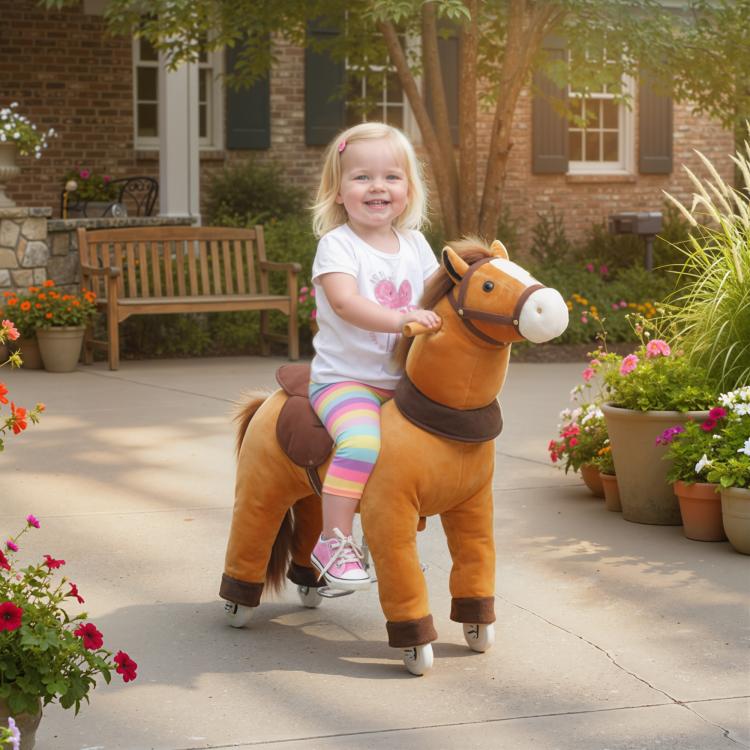 Child riding a plush rocking horse with tan and dark brown body and rolling wheels