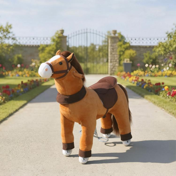 Plush ride-on rocking horse standing outdoors, tan body with dark brown saddle and wheels