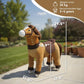 Plush ride-on rocking horse with measurement view, tan and dark brown saddle and wheels