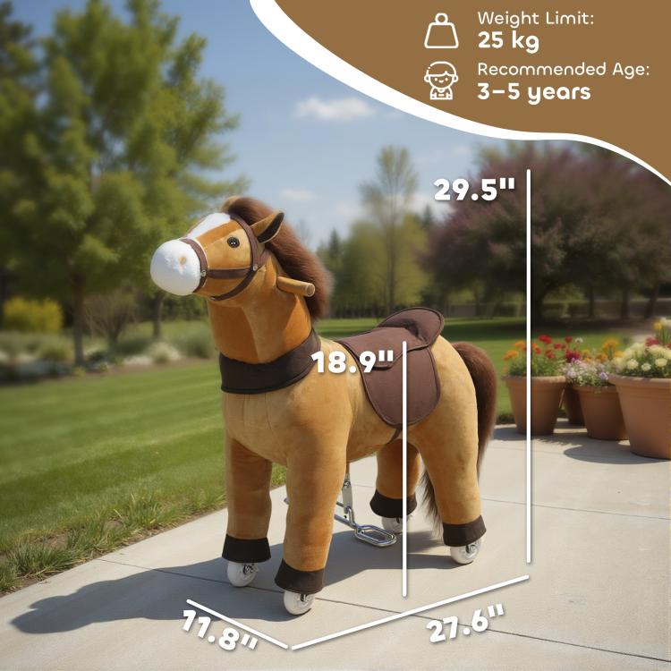 Plush ride-on rocking horse with measurement view, tan and dark brown saddle and wheels