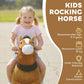 Kids rocking horse ride-on with plush face and tan body, dark brown saddle and wheels