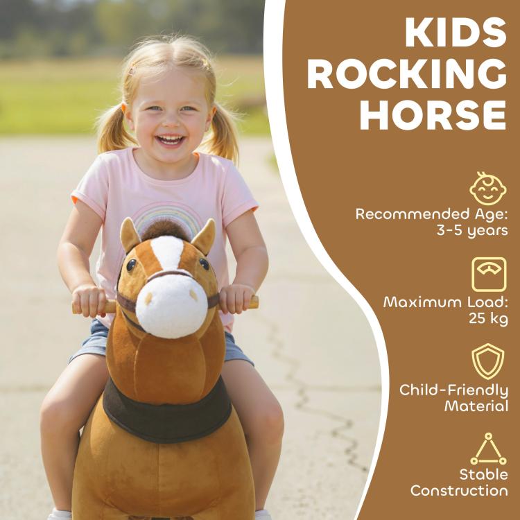 Kids rocking horse ride-on with plush face and tan body, dark brown saddle and wheels