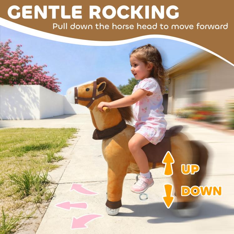 Child pushing a plush rocking horse, tan body with dark brown saddle and rolling wheels