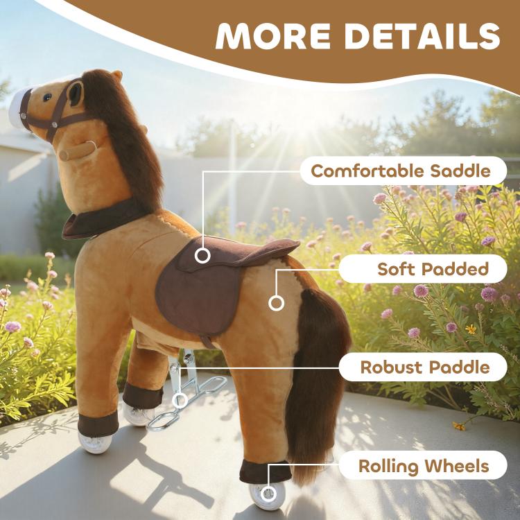 Plush rocking horse close-up showing dark brown saddle, padded body, and rolling wheels