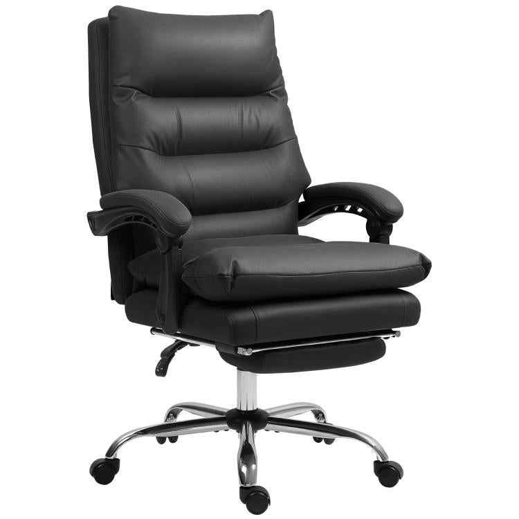 Black ergonomic office chair with curved armrests, footrest, and swivel base.