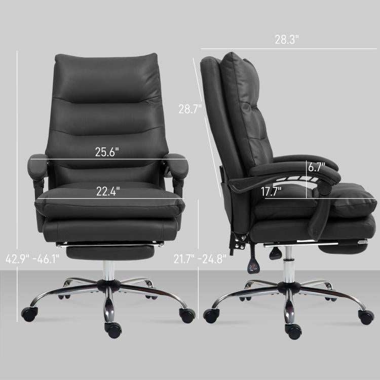 Black massage office chair with padded headrest, armrests, and footrest.