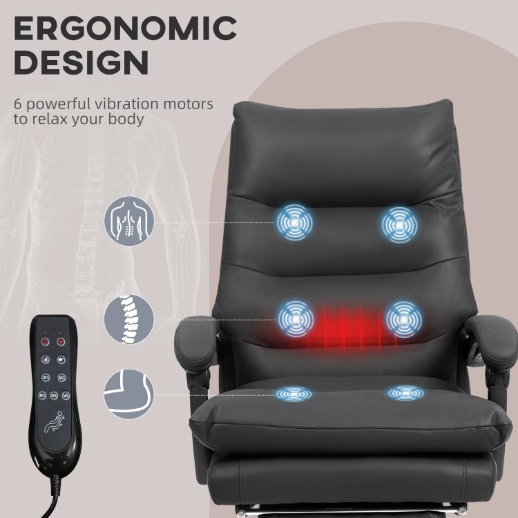 Black massage office chair with glowing vibration points and handheld remote.