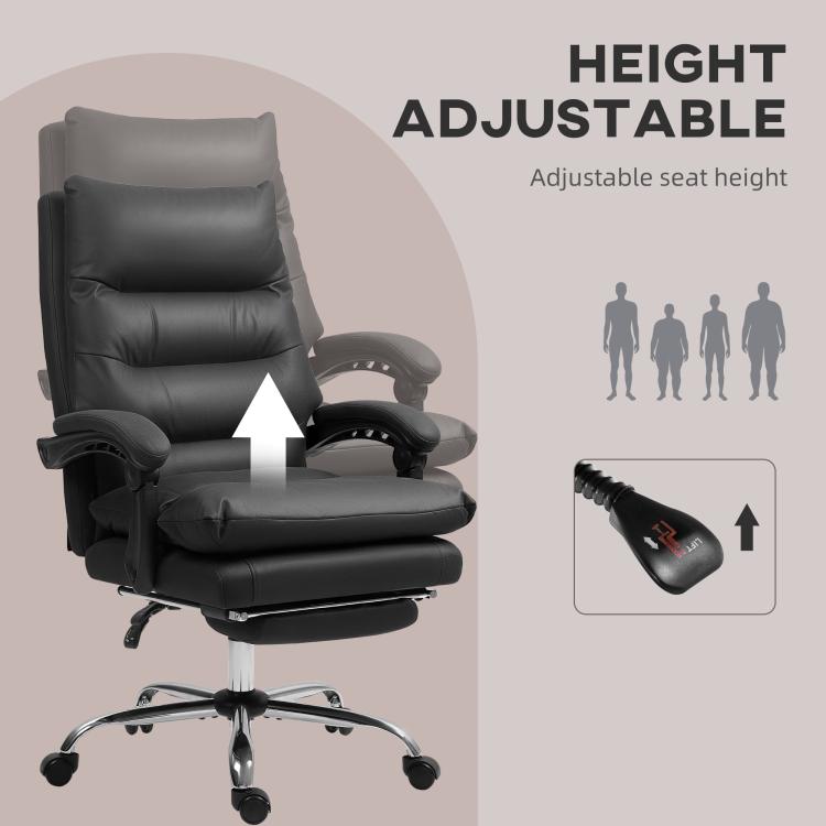Black adjustable massage office chair with padded footrest and recline backrest.