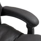 Black padded armrest and curved side support of a massage office chair.