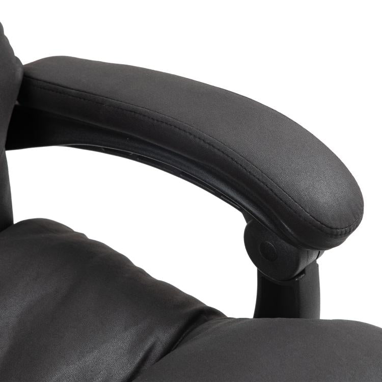 Black padded armrest and curved side support of a massage office chair.