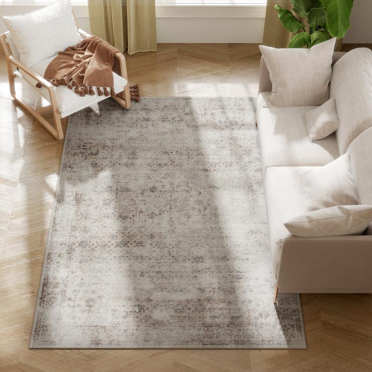 Light gray and dark brown distressed rectangular area rug on wood floor