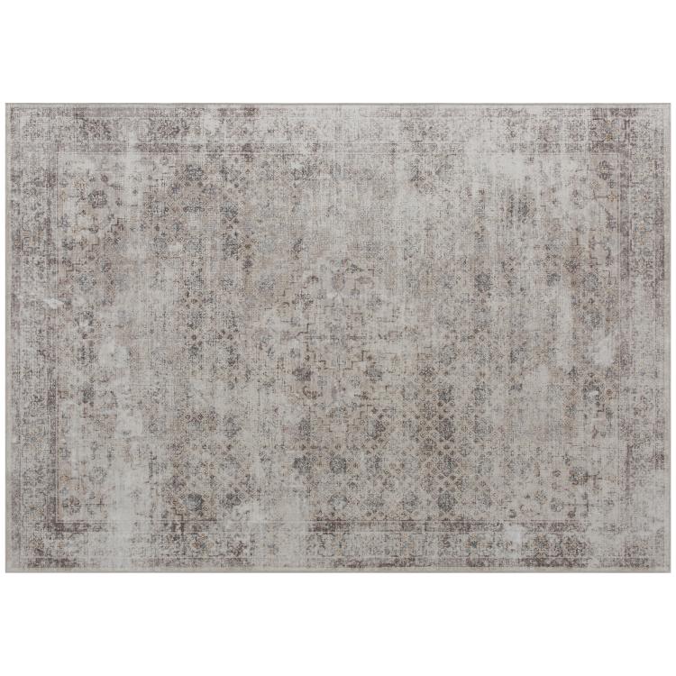 Rectangular light gray area rug with distressed vintage look, flat weave