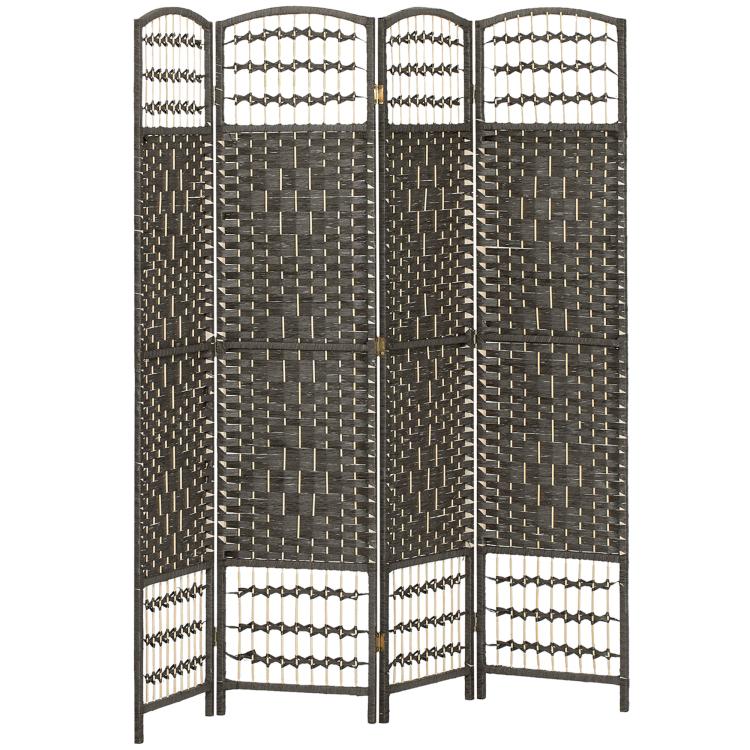 Dark gray woven 4-panel folding room divider, arched lattice panels with trim