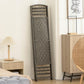 Dark gray woven 4-panel folding room divider screen with beaded trim
