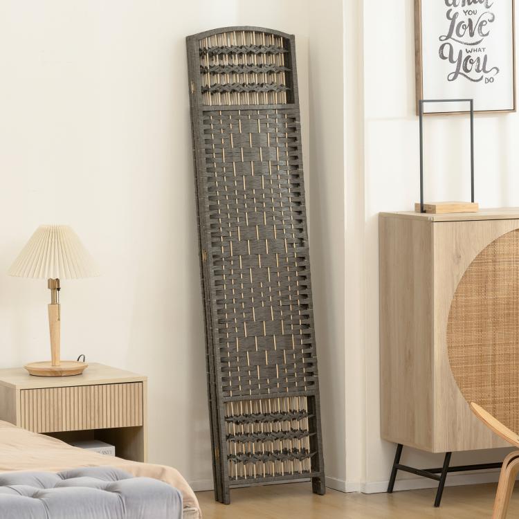 Dark gray woven 4-panel folding room divider screen with beaded trim