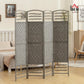 Gray woven 4-panel folding room divider with arched top, lattice and rope trim