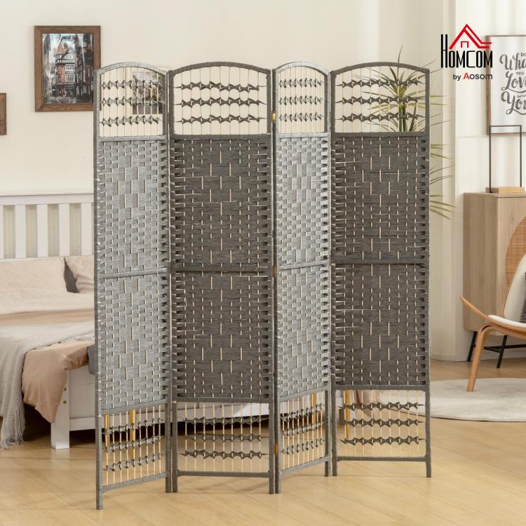 Gray woven 4-panel folding room divider with arched top, lattice and rope trim
