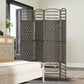 Dark gray woven 4-panel folding room divider with arched lattice panels and rope trim