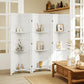 White folding room divider privacy screen with built-in shelves for decor and storage